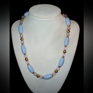 Trifari Pale Blue Oval Glass Gold Tone Beaded Necklace 18" (Vintage)